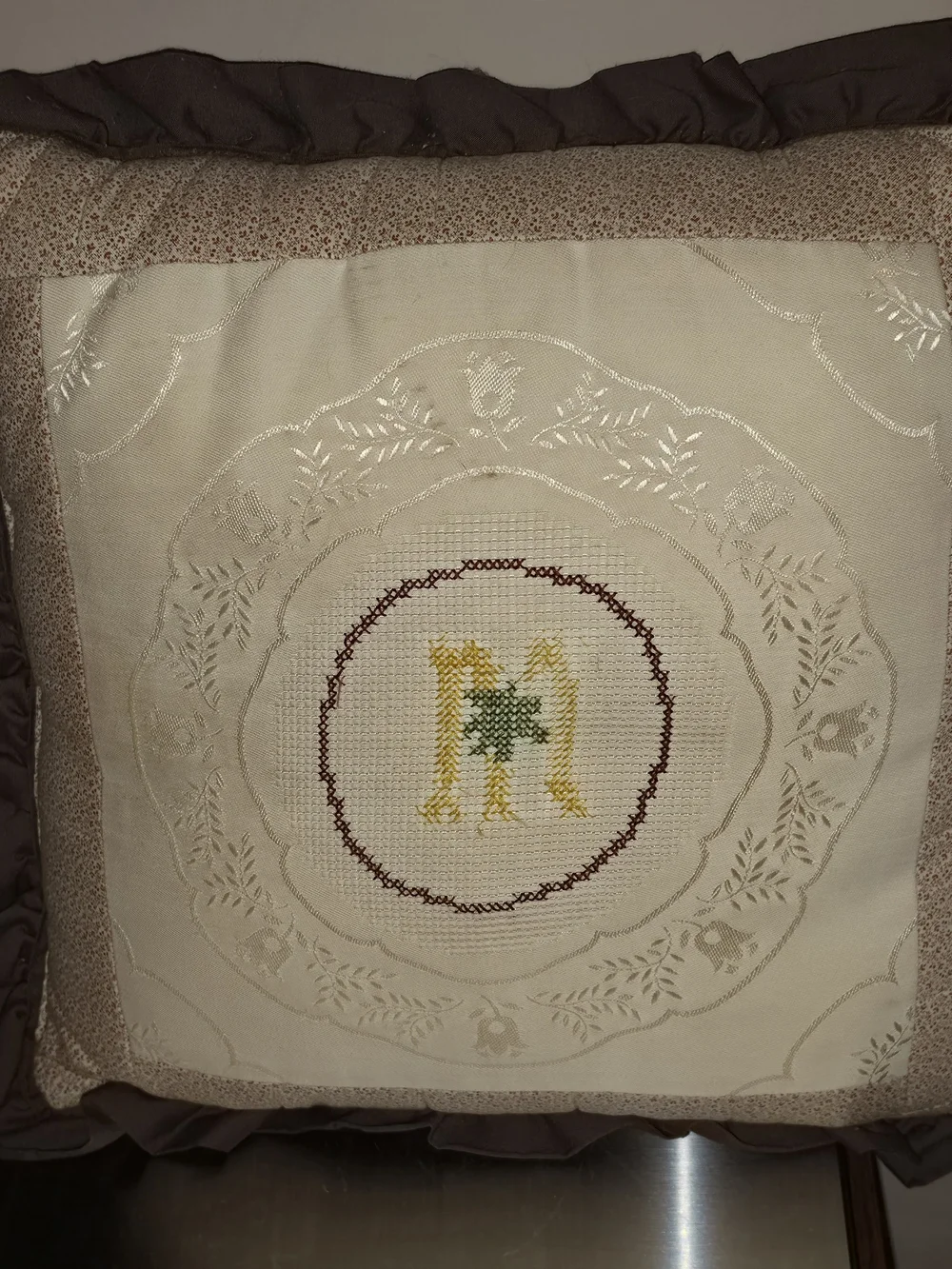 Embroidered Cross Stitch Monogram Decorative Throw Pillow in Cream and Brown *M*